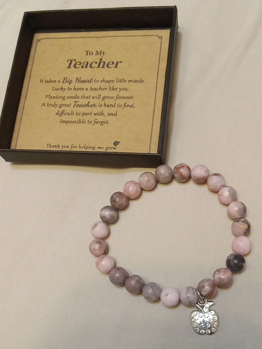 Teacher Appreciation Pink Beaded Bracelet with Apple Charm